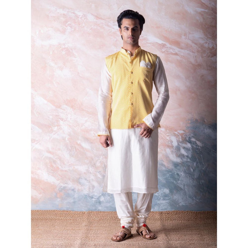 Vama Asher Canary Yellow Chevron Nehru Jacket & Kurta with Churidar (Set of 3)