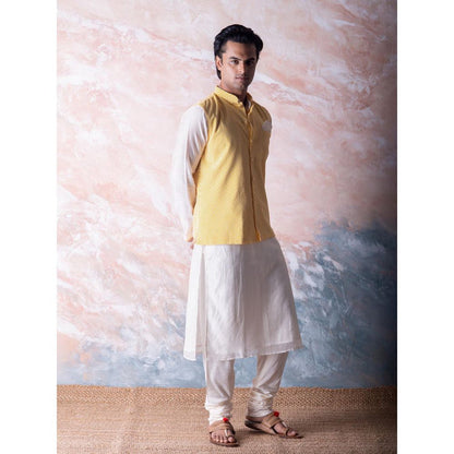 Vama Asher Canary Yellow Chevron Nehru Jacket & Kurta with Churidar (Set of 3)
