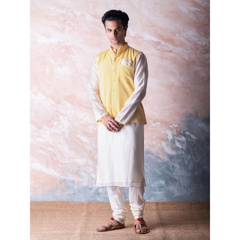 Vama Asher Canary Yellow Chevron Nehru Jacket & Kurta with Churidar (Set of 3)