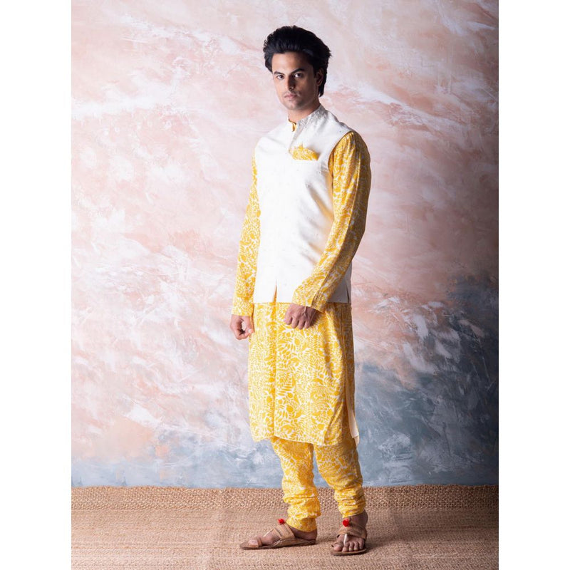 Vama Asher Ivory Embroidered Nehru Jacket & Kurta with Churidar (Set of 3)