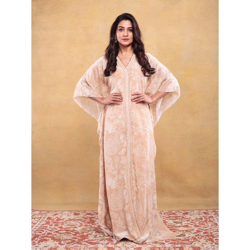 Vama Asher Nude Palm Kaftan Dress