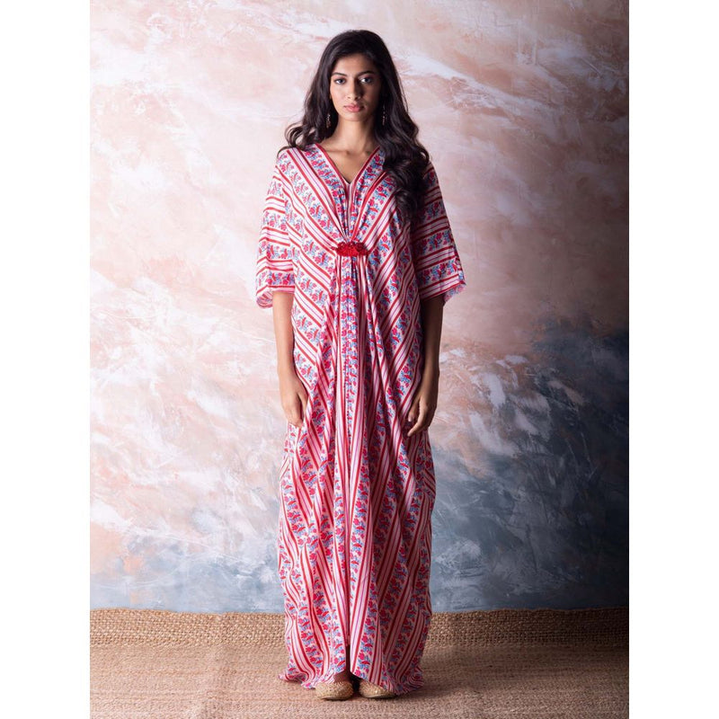 Vama Asher Red Bird Kaftan Dress with Slip (Set of 2)