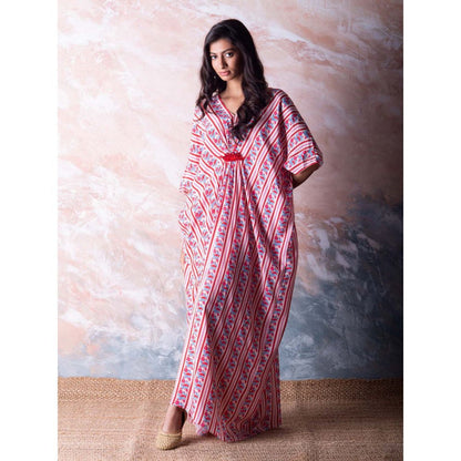 Vama Asher Red Bird Kaftan Dress with Slip (Set of 2)