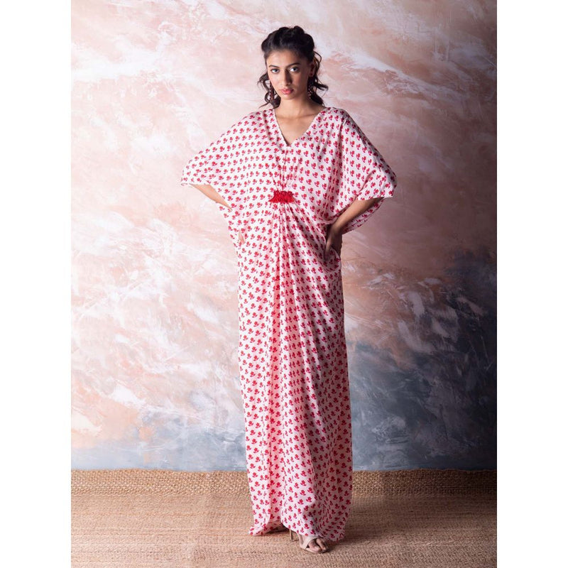 Vama Asher Red Flower Butti Kaftan Dress with Slip (Set of 2)