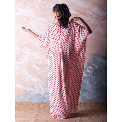 Vama Asher Red Flower Butti Kaftan Dress with Slip (Set of 2)