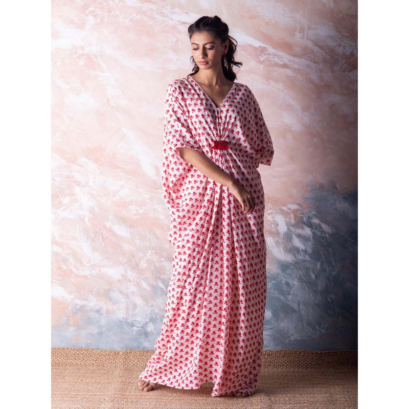 Vama Asher Red Flower Butti Kaftan Dress with Slip (Set of 2)