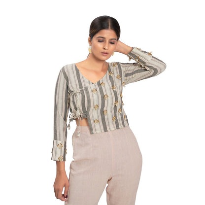 Vana Ethnics Grey Sustainable Striped Cotton Angrakha Top