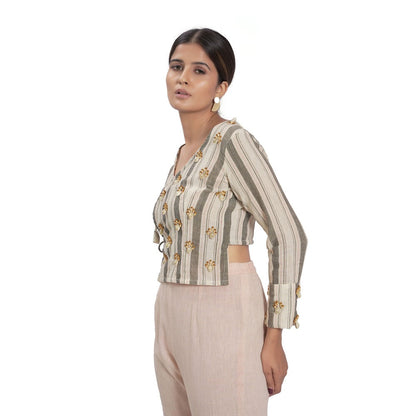 Vana Ethnics Grey Sustainable Striped Cotton Angrakha Top