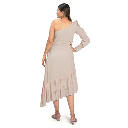 Vana Ethnics Sustainable Pink Cotton One Shoulder Calf Length Dress with Belt (Set of 2)