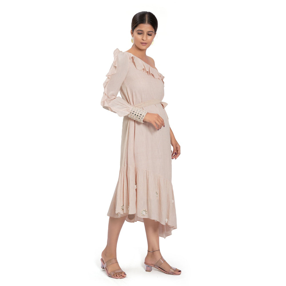 Vana Ethnics Sustainable Pink Cotton One Shoulder Calf Length Dress with Belt (Set of 2)