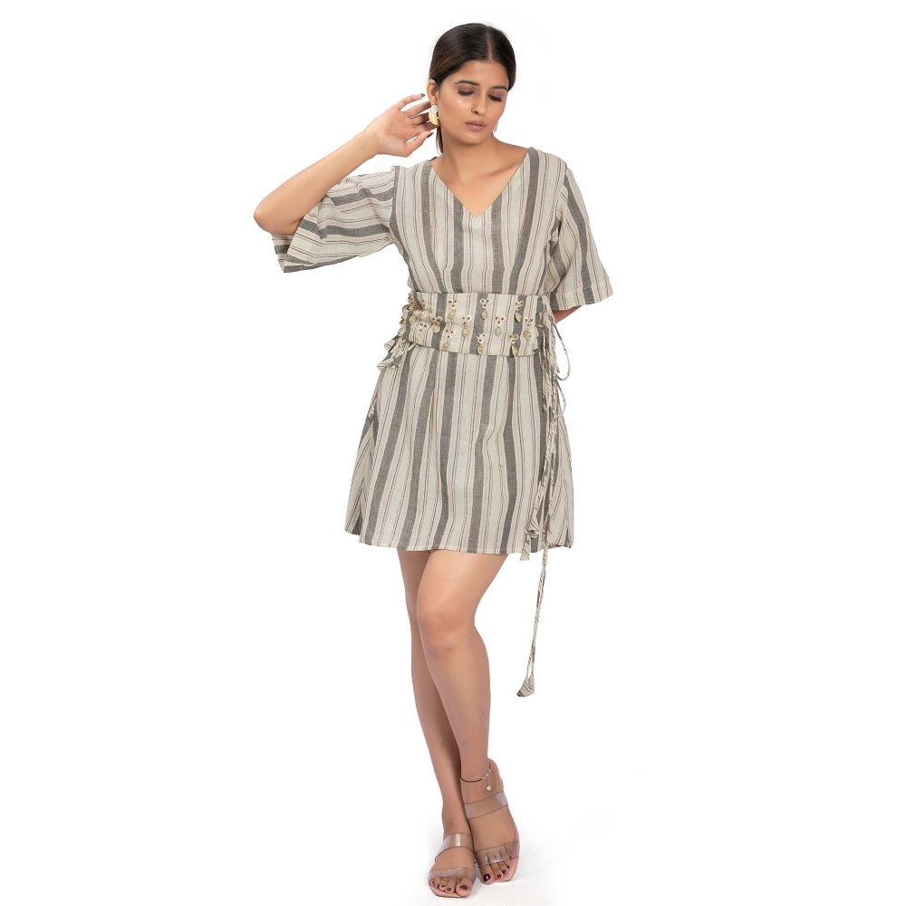 Vana Ethnics Off White Sustainable Striped Cotton Dress with Belt (Set of 2)