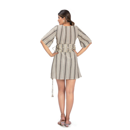 Vana Ethnics Off White Sustainable Striped Cotton Dress with Belt (Set of 2)