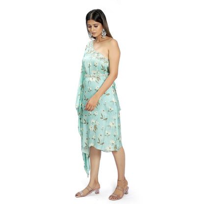 Vana Ethnics Pastel Blue One Shoulder Dress with Belt (Set of 2)