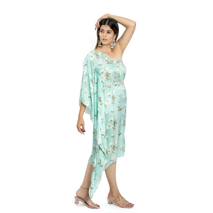 Vana Ethnics Pastel Blue One Shoulder Dress with Belt (Set of 2)