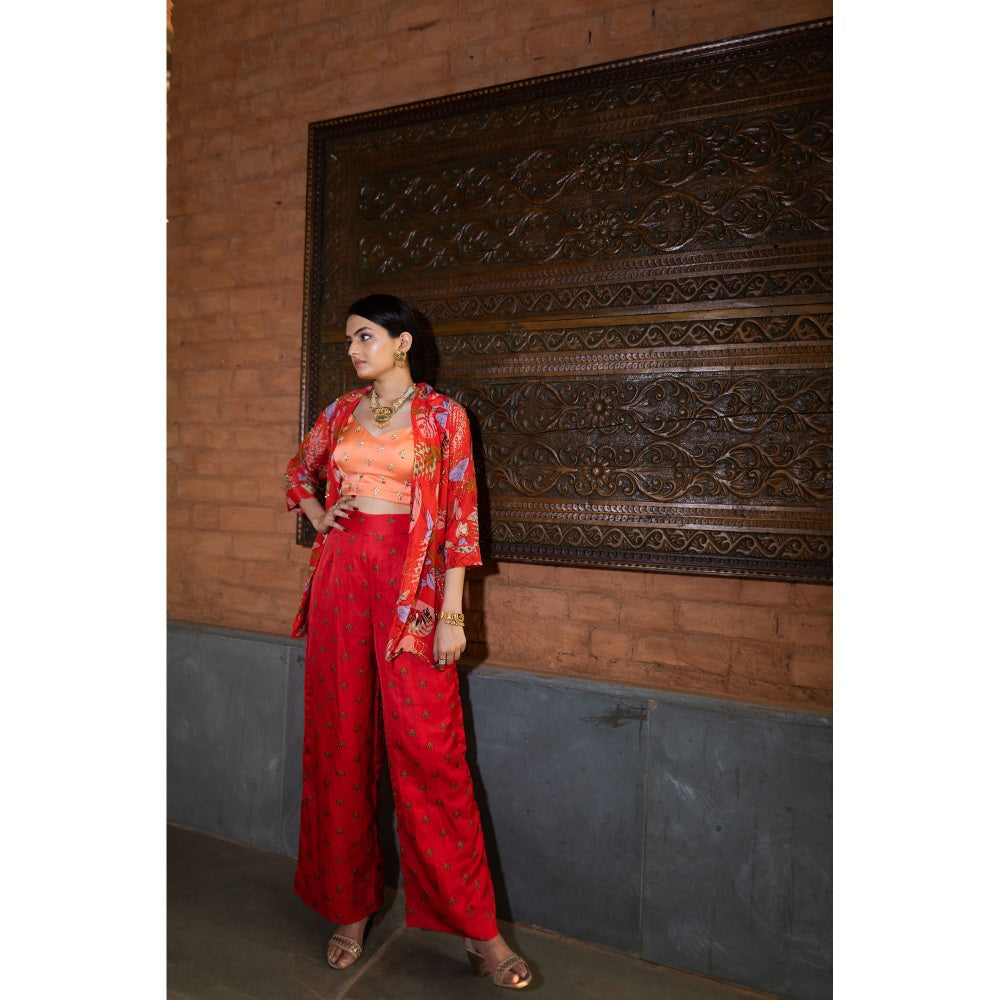 Vana Ethnics Red Palazzo with Bustier and Jacket (Set of 3)