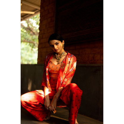 Vana Ethnics Red Palazzo with Bustier and Jacket (Set of 3)
