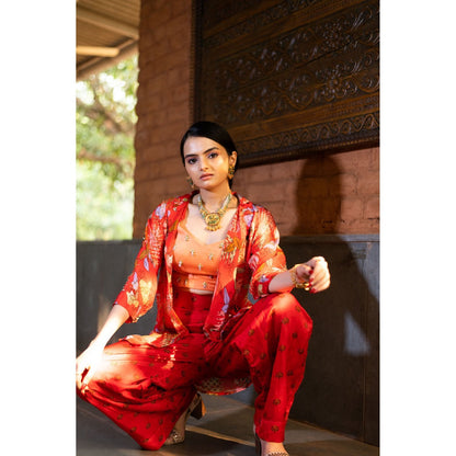 Vana Ethnics Red Palazzo with Bustier and Jacket (Set of 3)