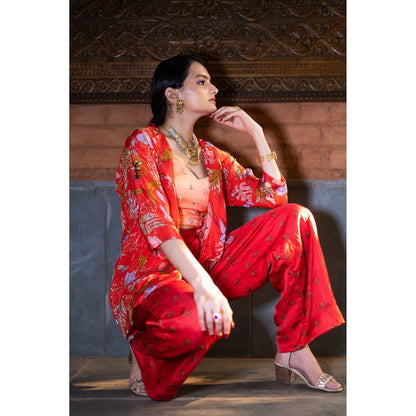 Vana Ethnics Red Palazzo with Bustier and Jacket (Set of 3)