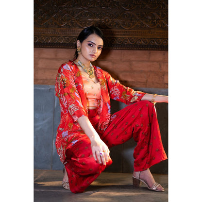 Vana Ethnics Red Palazzo with Bustier and Jacket (Set of 3)