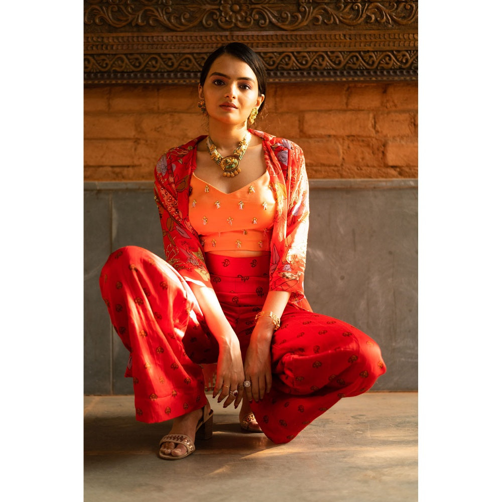 Vana Ethnics Red Palazzo with Bustier and Jacket (Set of 3)