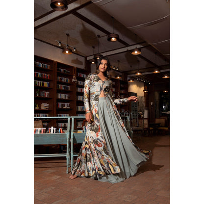 Vana Ethnics Ash Grey Printed Gown with Bustier and Palazzo (Set of 3)