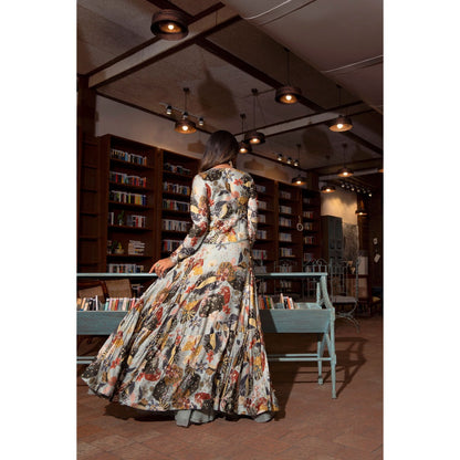 Vana Ethnics Ash Grey Printed Gown with Bustier and Palazzo (Set of 3)