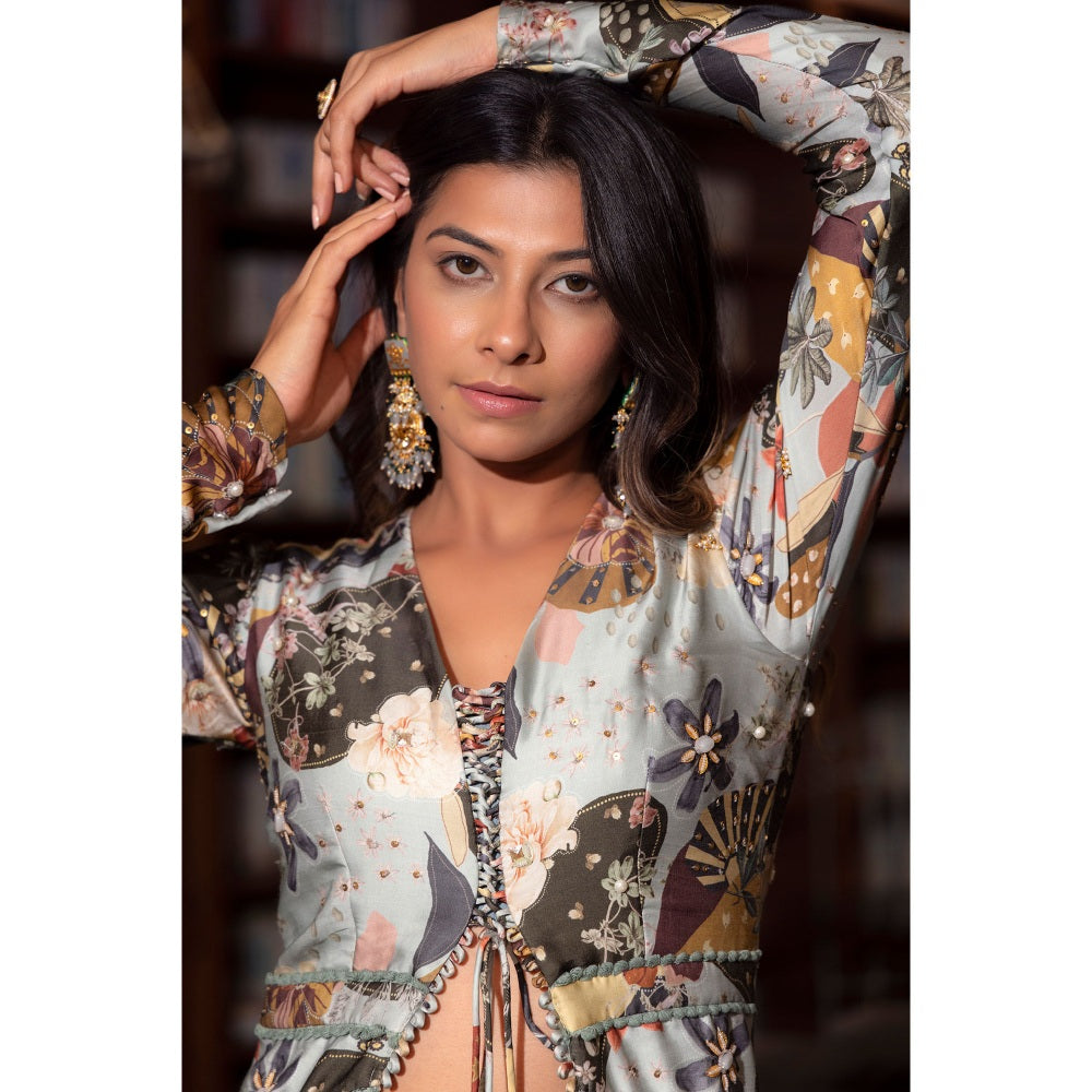 Vana Ethnics Ash Grey Printed Gown with Bustier and Palazzo (Set of 3)