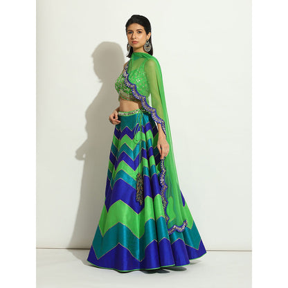 VANDANA SETHI Multicolored Chevron Lehenga in Peacock Hues (Set of 3)
