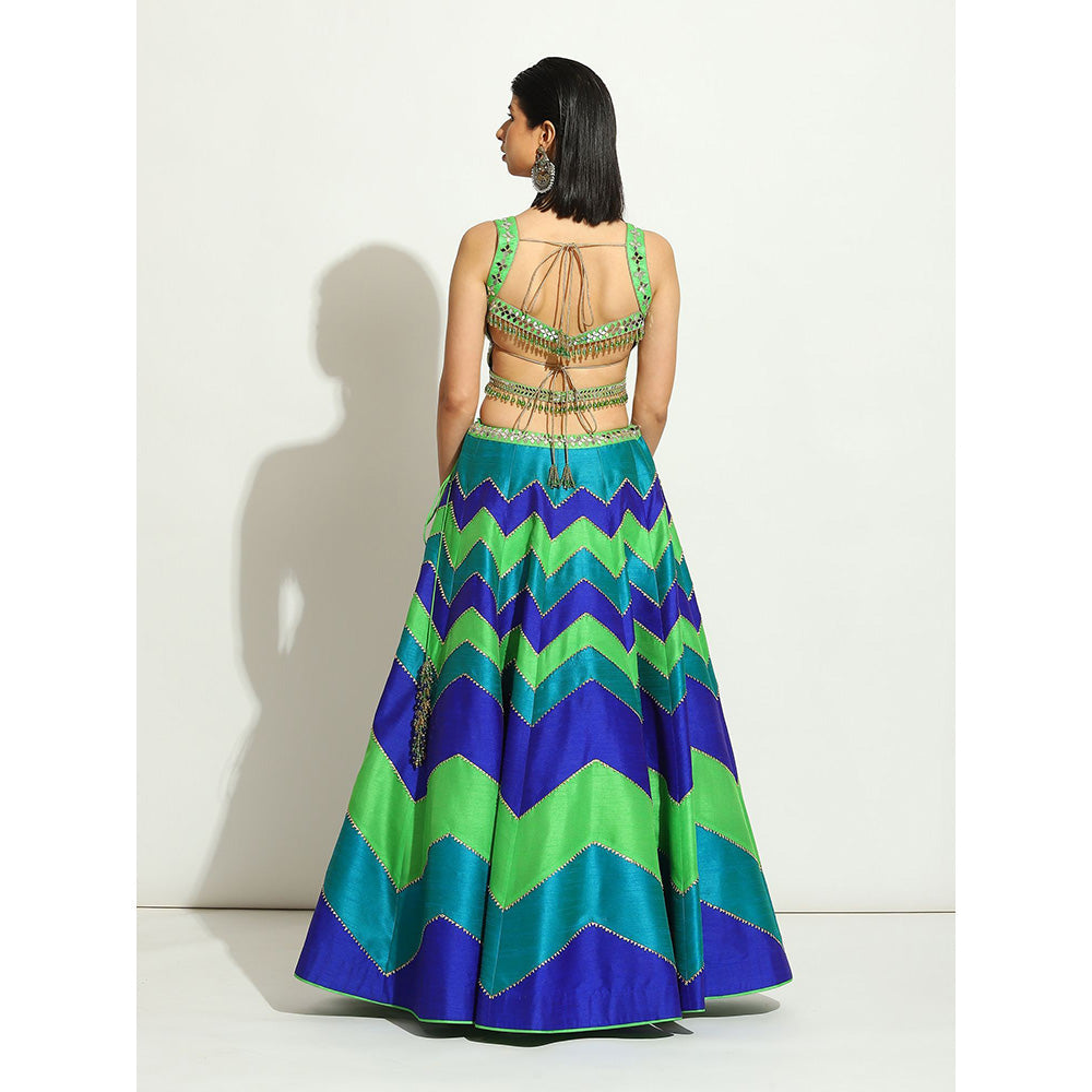 VANDANA SETHI Multicolored Chevron Lehenga in Peacock Hues (Set of 3)
