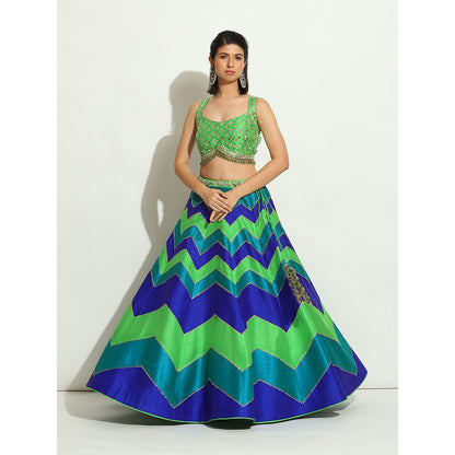 VANDANA SETHI Multicolored Chevron Lehenga in Peacock Hues (Set of 3)