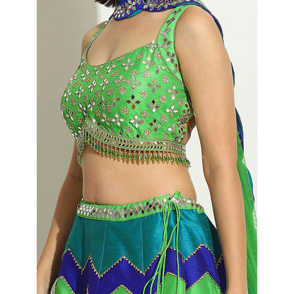 VANDANA SETHI Multicolored Chevron Lehenga in Peacock Hues (Set of 3)