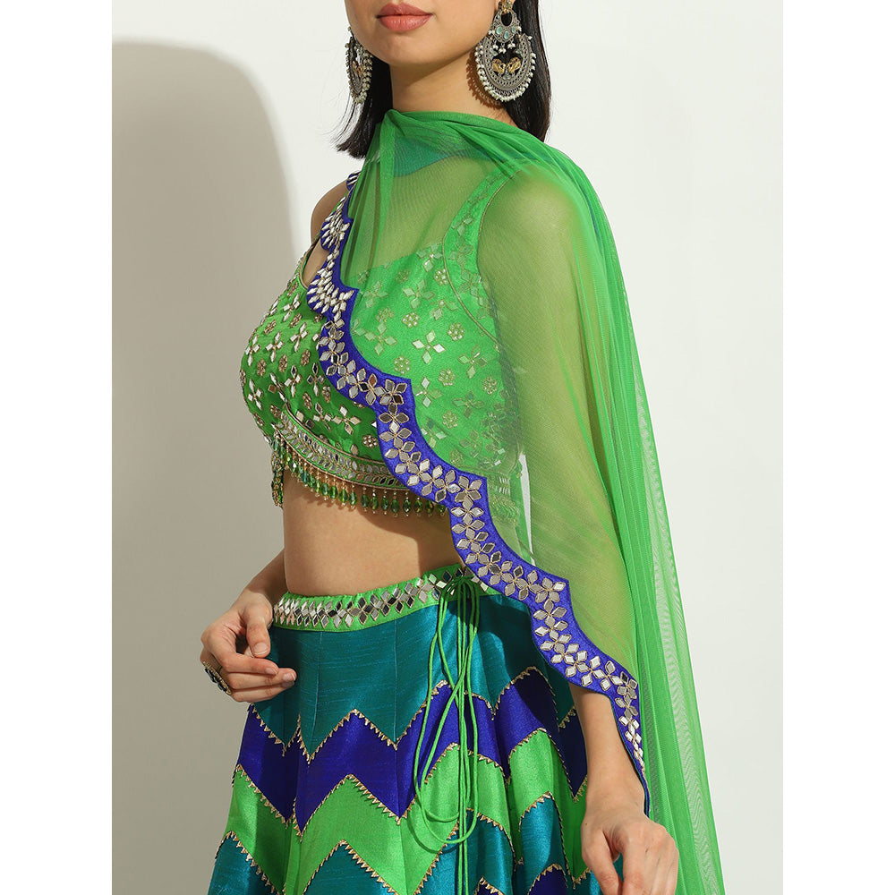 VANDANA SETHI Multicolored Chevron Lehenga in Peacock Hues (Set of 3)