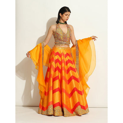 VANDANA SETHI Multicolored Flame Colors Lehenga in Chevron Style (Set of 3)