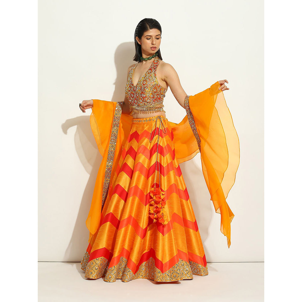 VANDANA SETHI Multicolored Flame Colors Lehenga in Chevron Style (Set of 3)