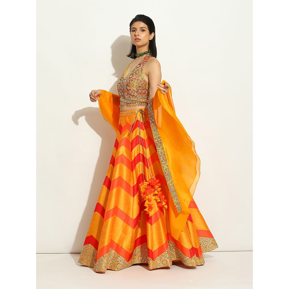 VANDANA SETHI Multicolored Flame Colors Lehenga in Chevron Style (Set of 3)
