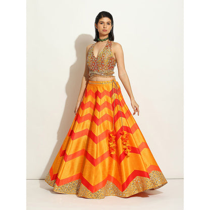 VANDANA SETHI Multicolored Flame Colors Lehenga in Chevron Style (Set of 3)
