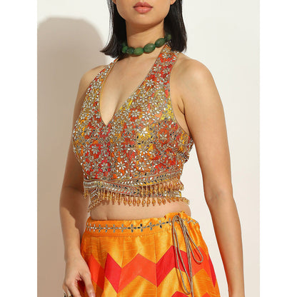 VANDANA SETHI Multicolored Flame Colors Lehenga in Chevron Style (Set of 3)