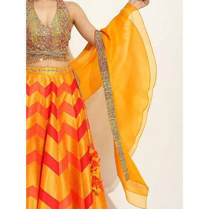 VANDANA SETHI Multicolored Flame Colors Lehenga in Chevron Style (Set of 3)
