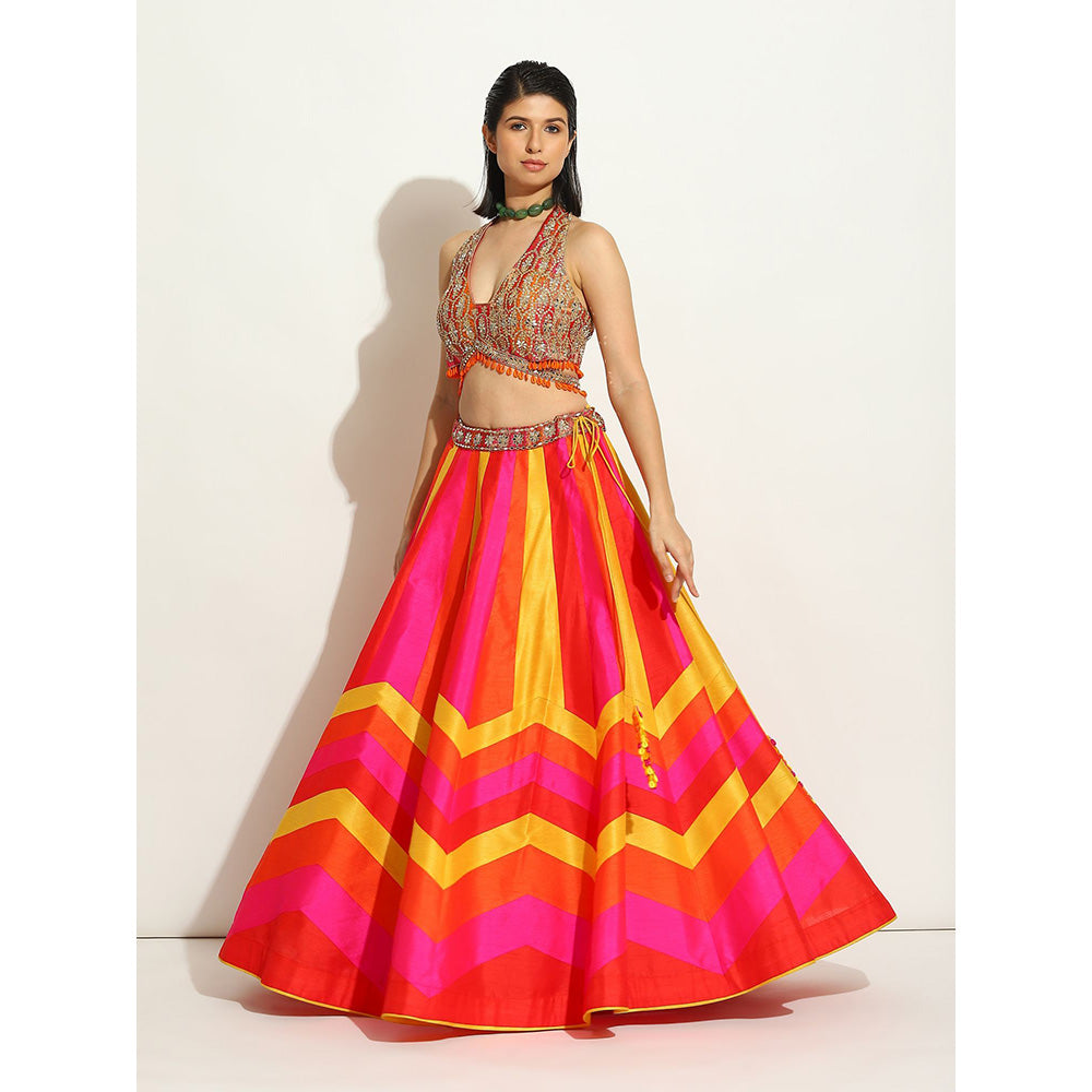 VANDANA SETHI Multicolored Lehenga with an Halter Brocade Blouse (Set of 3)