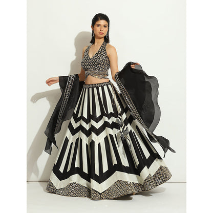 VANDANA SETHI Black & White Lehenga in a Striped & Chevron Pattern (Set of 3)