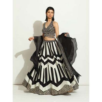 VANDANA SETHI Black & White Lehenga in a Striped & Chevron Pattern (Set of 3)