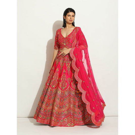 VANDANA SETHI Fuchsia Lehenga in Zardozi and Thread Work in a Scalloped Fashion (Set of 3)