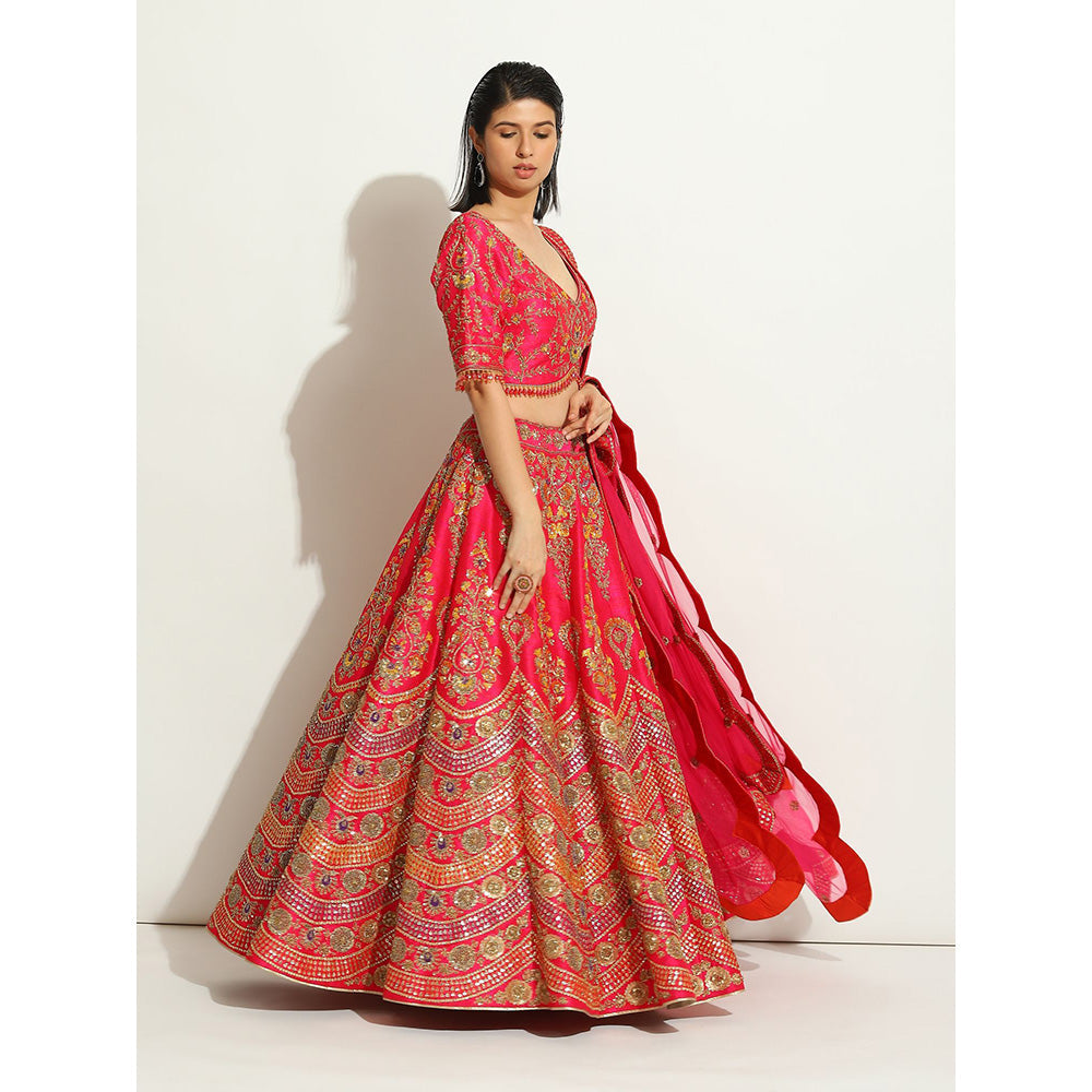 VANDANA SETHI Fuchsia Lehenga in Zardozi and Thread Work in a Scalloped Fashion (Set of 3)