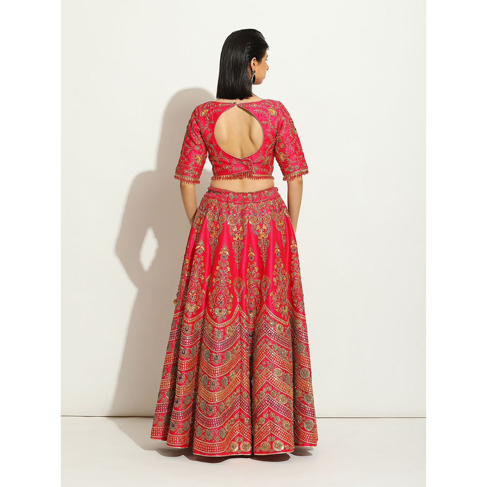 VANDANA SETHI Fuchsia Lehenga in Zardozi and Thread Work in a Scalloped Fashion (Set of 3)