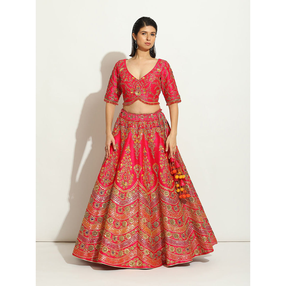 VANDANA SETHI Fuchsia Lehenga in Zardozi and Thread Work in a Scalloped Fashion (Set of 3)
