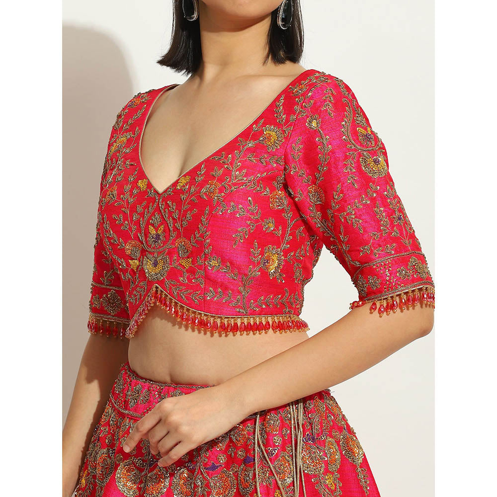 VANDANA SETHI Fuchsia Lehenga in Zardozi and Thread Work in a Scalloped Fashion (Set of 3)