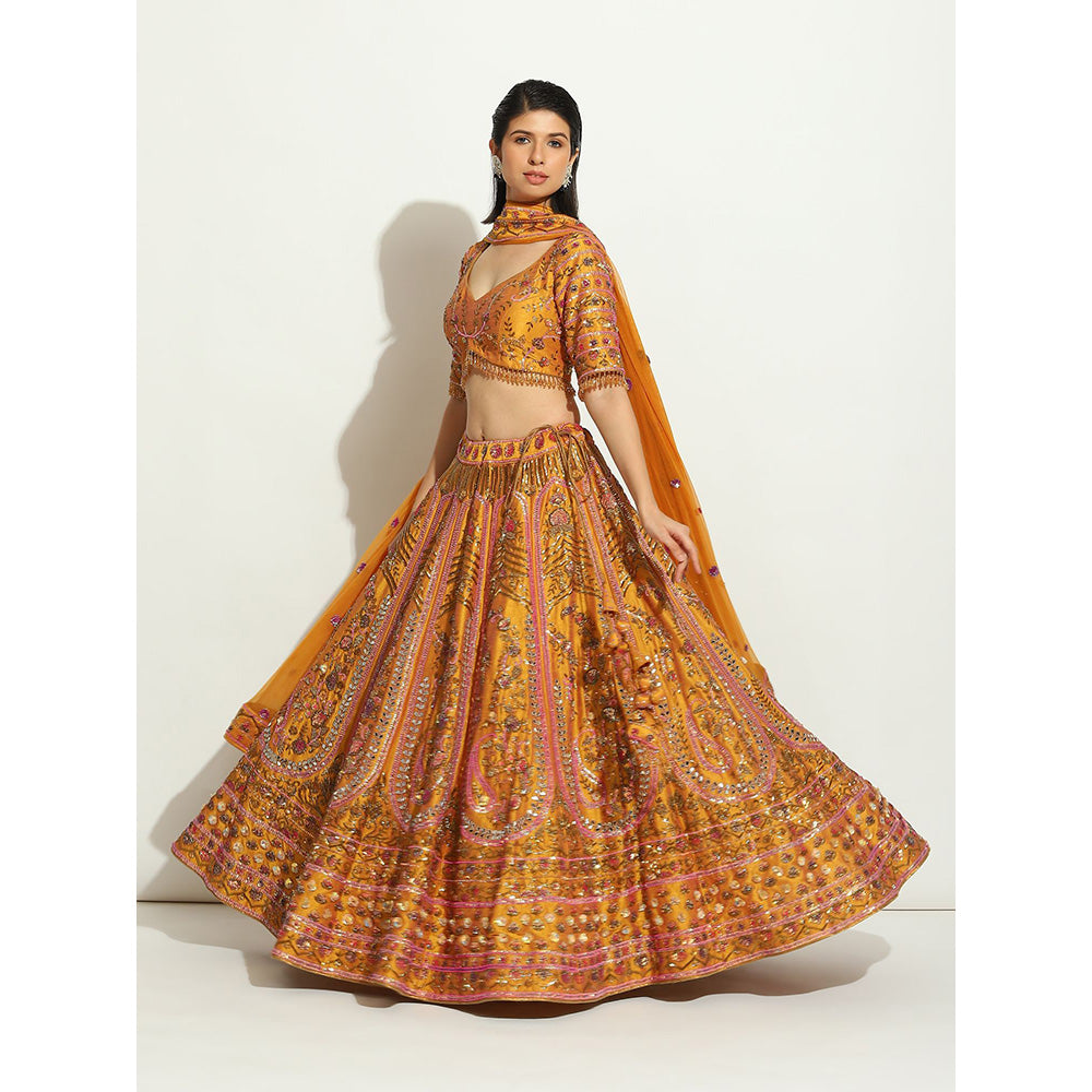 VANDANA SETHI Ochre Lehenga with Zardozi and Thread Work (Set of 3)