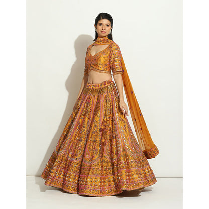 VANDANA SETHI Ochre Lehenga with Zardozi and Thread Work (Set of 3)