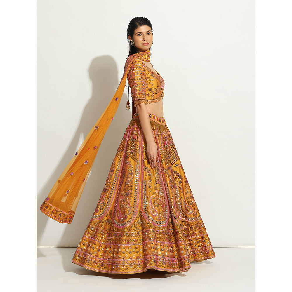 VANDANA SETHI Ochre Lehenga with Zardozi and Thread Work (Set of 3)