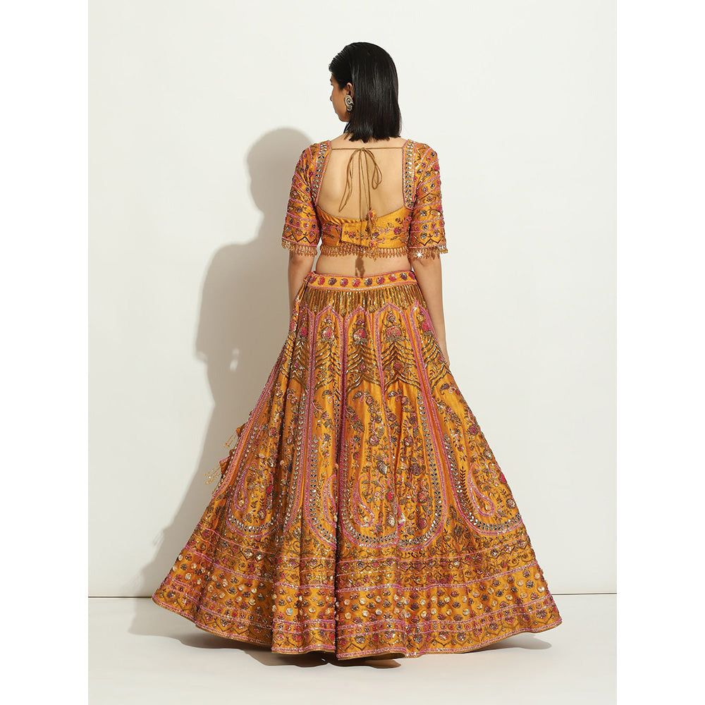 VANDANA SETHI Ochre Lehenga with Zardozi and Thread Work (Set of 3)